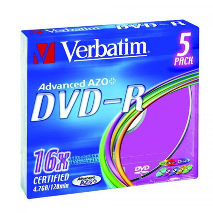 Verbatim DVD-R, Colour, 43557, 4.7GB, 16x, slim box, 5-pack, bez možnosti potisku, 12cm, pro archivaci dat
