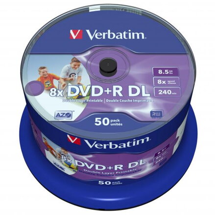 Verbatim DVD+R DL, Double Layer Wide Inkjet Printable, 43703, 8.5GB, 8X, spindle, 50-pack, 12cm, pro archivaci dat