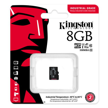 Kingston paměťová karta Micro Secure Digital Card Industria, 8GB, micro SDHC, SDCIT2/8GBSP, UHS-I U3 (Class 10), V30, A1, pSLC kar