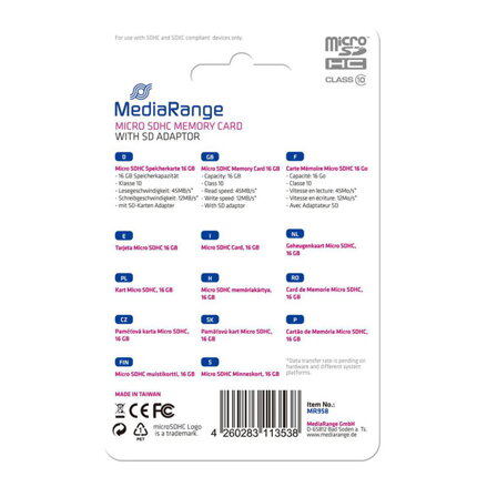 MediaRange Micro Secure Digital Card, 16GB, micro SDHC, MR958, UHS-I U1 (Class 10), s adaptérem