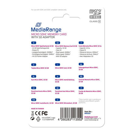MediaRange Micro Secure Digital Card, 32GB, micro SDHC, MR959, UHS-I U1 (Class 10), s adaptérem