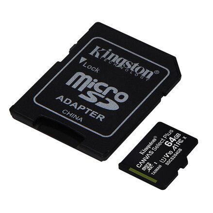 Kingston paměťová karta Canvas Select Plus, 64GB, micro SDXC, SDCS2/64GB, UHS-I U1 (Class 10), s adaptérem, A1