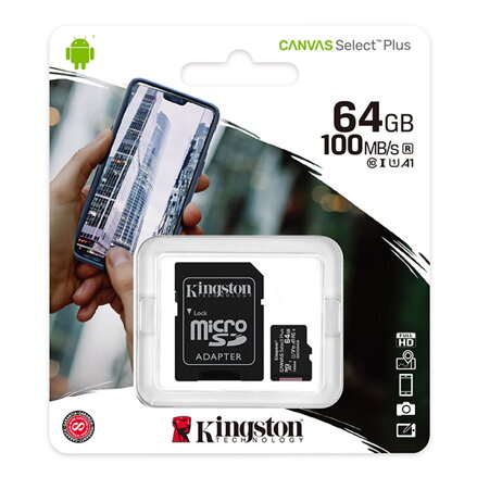 Kingston paměťová karta Canvas Select Plus, 64GB, micro SDXC, SDCS2/64GB, UHS-I U1 (Class 10), s adaptérem, A1