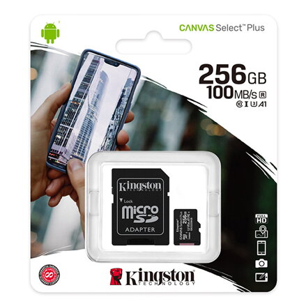 Kingston paměťová karta Canvas Select Plus, 256GB, micro SDXC, SDCS2/256GB, UHS-I U1 (Class 10), s adaptérem, A1