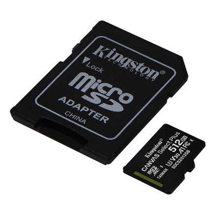 Kingston paměťová karta Canvas Select Plus, 512GB, micro SDXC, SDCS2/512GB, UHS-I U1 (Class 10), s adaptérem, A1