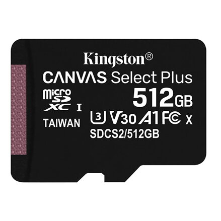 Kingston paměťová karta Canvas Select Plus, 512GB, micro SDXC, SDCS2/512GBSP, UHS-I U1 (Class 10), A1