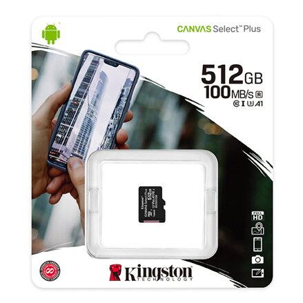 Kingston paměťová karta Canvas Select Plus, 512GB, micro SDXC, SDCS2/512GBSP, UHS-I U1 (Class 10), A1