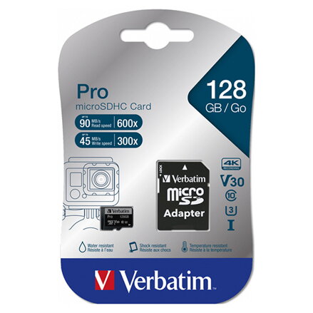 Verbatim paměťová karta Pro MicroSD, 128GB, micro SDXC, 47044, UHS 3 (U3), s adaptérem