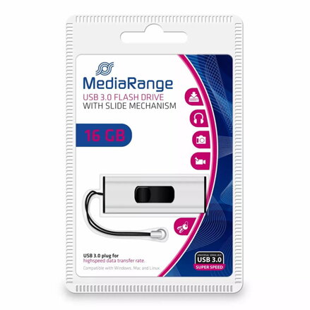 MediaRange USB flash disk, USB USB 3.0 (3.2 Gen 1), 16GB, stříbrný, MR915, USB A, s poutkem, vysouvací