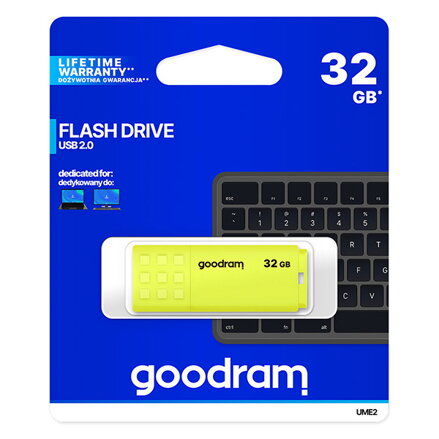 Goodram USB flash disk, USB 2.0, 32GB, UME2, žlutý, UME2-0320Y0R11, USB A, s krytkou