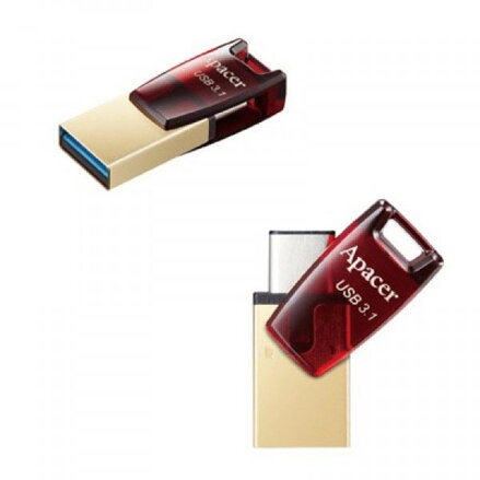 Apacer USB flash disk OTG, USB 3.0 (3.2 Gen 1), 64GB, AH180, červený, AP64GAH180R-1, USB A / USB C, s otočnou krytkou