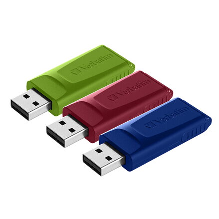 Verbatim USB flash disk, USB 2.0, 16GB, Slider, zelený, modrý, červený, 49326, USB A, s výsuvným konektorem, 3 ks