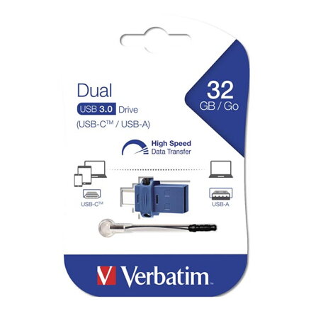 Verbatim USB flash disk OTG, USB 3.0, 32GB, Dual, modrý, 49966, USB A / USB C, s poutkem