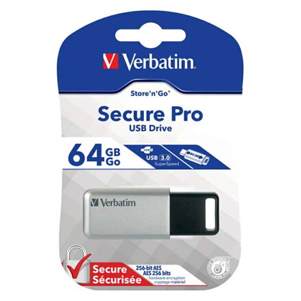 Verbatim USB flash disk, USB 3.0, 64GB, Secure Pro, stříbrný, 98666, USB A, AES 256-bit šifrování, s výsuvným konektorem