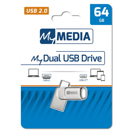 MyMedia MyDual USB 2.0, USB 2.0, 64GB, stříbrný, 69267, USB A / USB C, s krytkou