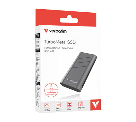SSD Externí Verbatim TurboMetal SSD, 32022, 2000GB, Nero Backup, Stříbrná, obsahuje USB C, M.2, 2000 MB/s-R, USB C, 2000 MB/s-W