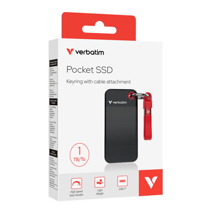 SSD Externí Verbatim Pocket SSD Black/Red, 32192, 1000GB, červený, M.2, obsahuje USB C kabel a pytlík, 1000 MB/s-R, USB-C, 1000 MB