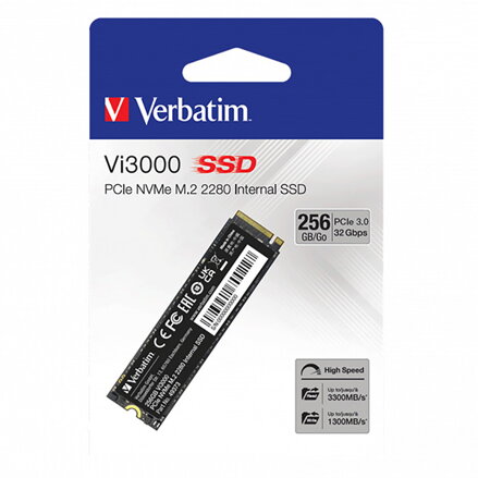 SSD Interní Verbatim Vi3000 M.2, 49373, 256GB, černý, 3300 MB/s-R, NVMe, 1300 MB/s-W