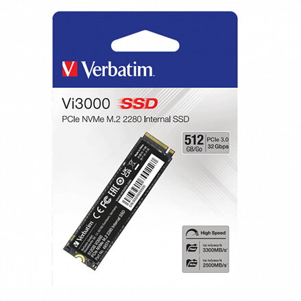 SSD Interní Verbatim Vi3000 M.2, 49374, 512GB, černý, 3300 MB/s-R, NVMe, 2500 MB/s-W