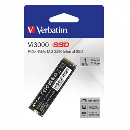SSD Interní Verbatim Vi3000 M.2, 49375, 1000GB, černý, 3300 MB/s-R, NVMe, 3000 MB/s-W