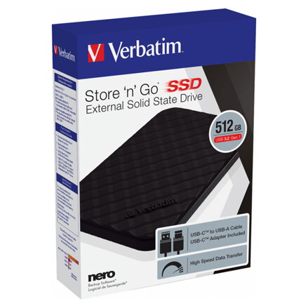 SSD Externí Verbatim Store N Go, 53250, 512GB, černý, USB-A/Micro-B, obsahuje adaptér USB-A na USB-C(TM), 2.5", USB-C