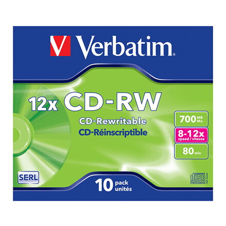 Verbatim CD-RW, 43148, SERL Scratch Resistant, 10-pack, 700MB, 12x, 80min., 12cm, bez možnosti potisku, jewel box, pro archivaci d