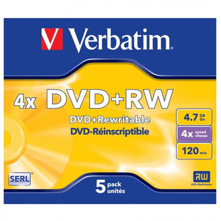 Verbatim DVD+RW, Matt Silver, 43229, 4.7GB, 4x, jewel box, 5-pack, bez možnosti potisku, 12cm, pro archivaci dat