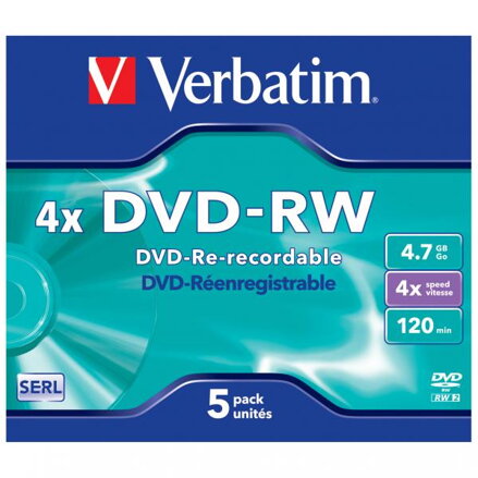 Verbatim DVD-RW, Matt Silver, 43285, 4.7GB, 4x, jewel box, 5-pack, bez možnosti potisku, 12cm, pro archivaci dat