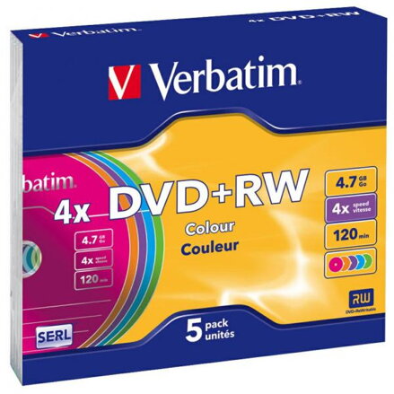 Verbatim DVD+RW, Colour, 43297, 4.7GB, 4x, slim box, 5-pack, bez možnosti potisku, 12cm, pro archivaci dat