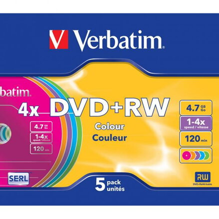 Verbatim DVD+RW, Colour, 43297, 4.7GB, 4x, slim box, 5-pack, bez možnosti potisku, 12cm, pro archivaci dat