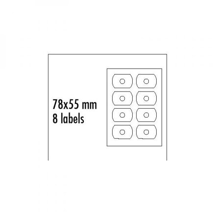 Logo etikety na CD 78mm x 55mm, A4, matné, bílé, 8 etiket, CD-R card, 140g/m2, baleno po 25 ks, pro inkoustové a laserové tiskárny