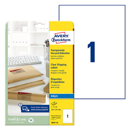 Avery Zweckform etikety 210mm x 297mm, A4, průhledné, transparentní, 1 etiketa, baleno po 25 ks, J8567-25, pro inkoustové tiskárny