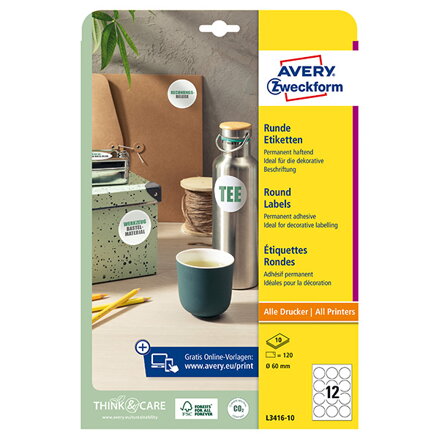Avery Zweckform etikety 60mm, A4, bílé, 12 etiket, baleno po 10 ks, L3416-10, pro laserové a inkoustové tiskárny, kopírky