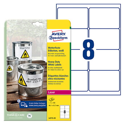 Avery Zweckform etikety 99.1mm x 67.7mm, A4, matné, bílé, 8 etiket, velmi odolné, baleno po 20 ks, L4715-20, pro laserové tiskárny