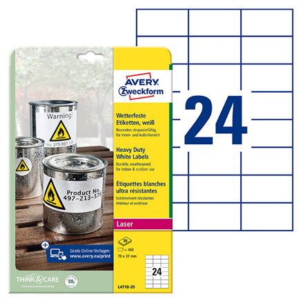 Avery Zweckform etikety 70mm x 37mm, A4, matné, bílé, 24 etiket, velmi odolné, baleno po 20 ks, L4718-20, pro laserové tiskárny a