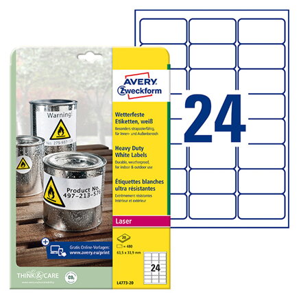 Avery Zweckform etikety 63.5mm x 33.9mm, A4, bílé, 24 etiket, velmi odolné, baleno po 20 ks, L4773-20, pro laserové tiskárny a kop