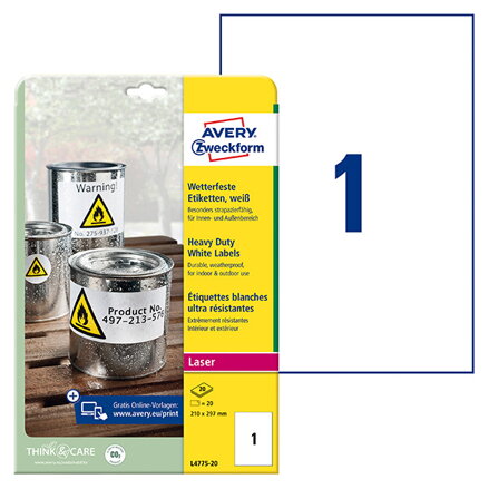 Avery Zweckform etikety 210mm x 297mm, A4, bílé, 1 etiketa, velmi odolné, baleno po 20 ks, L4775-20, pro laserové tiskárny a kopír