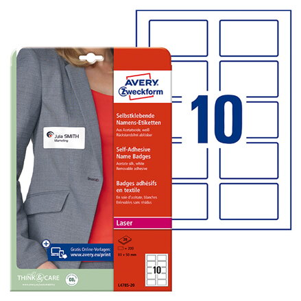 Avery Zweckform jmenovky 80mm x 50mm, A4, bílé, 10 etiket, samolepicí, baleno po 20 ks, L4785-20, pro laserové tiskárny