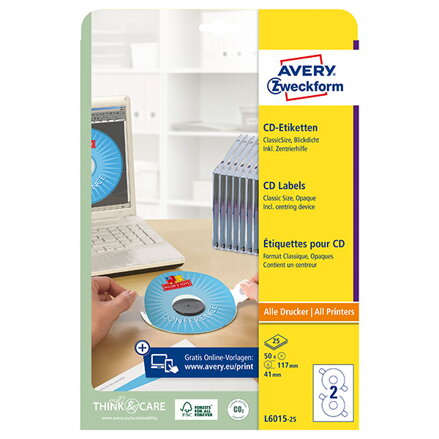 Avery Zweckform etikety na CD 117/41mm, A4, matné, bílé, 2 etikety, baleno po 25 ks, pro inkoustové a laserové tiskárny