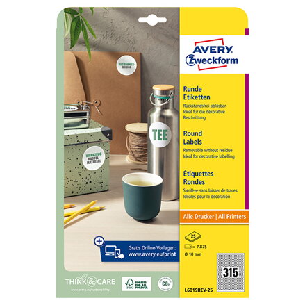 Avery Zweckform etikety 10mm, A4, bílé, 315 etiket, snímatelné, baleno po 25 ks, L6019REV-25, pro laserové a inkoustové tiskárny,