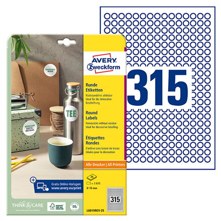 Avery Zweckform etikety 10mm, A4, bílé, 315 etiket, snímatelné, baleno po 25 ks, L6019REV-25, pro laserové a inkoustové tiskárny,