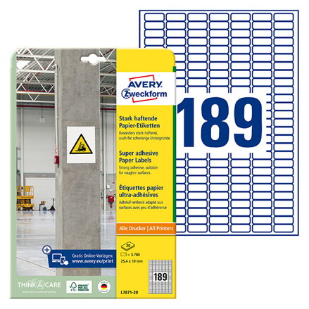 Avery Zweckform etikety 25.4mm x 10mm, A4, bílé, 189 etiket, s vysokou lepivostí, baleno po 20 ks, L7871-20, pro laserové a inkous