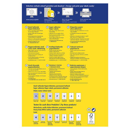 Avery Zweckform etikety 25.4mm x 10mm, A4, bílé, 189 etiket, s vysokou lepivostí, baleno po 20 ks, L7871-20, pro laserové a inkous