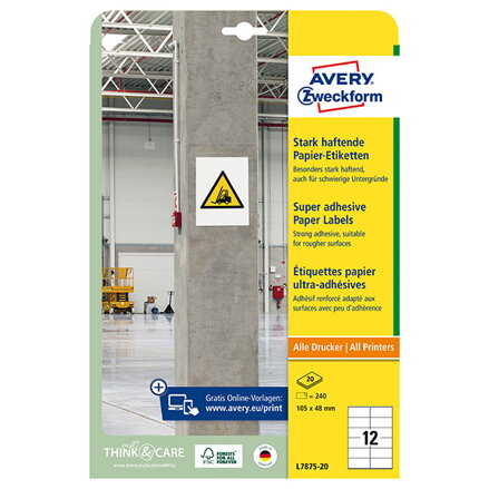 Avery Zweckform etikety 105mm x 48mm, A4, bílé, 12 etiket, s vysokou lepivostí, baleno po 20 ks, L7875-20, pro laserové a inkousto