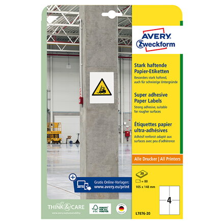 Avery Zweckform etikety 105mm x 148mm, A4, bílé, 4 etikety, s vysokou lepivostí, baleno po 20 ks, L7876-20, pro laserové a inkoust