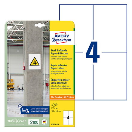 Avery Zweckform etikety 105mm x 148mm, A4, bílé, 4 etikety, s vysokou lepivostí, baleno po 20 ks, L7876-20, pro laserové a inkoust