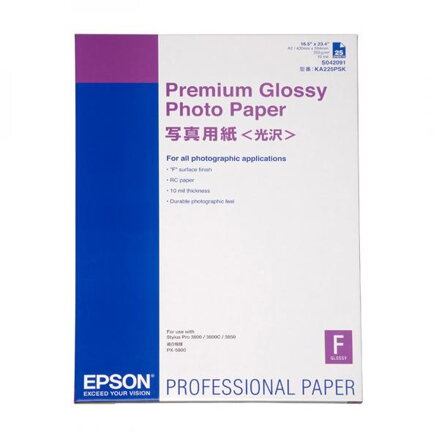 Epson Premium Glossy Photo Paper, C13S042091, foto papír, lesklý, bílý, Stylus Photo 890, 895, 1270, 2100, A2, 255 g/m2, 25 ks, in