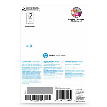 HP Matte FSC, papír, matný, bílý, 180 g/m2, ks, 7HF70A