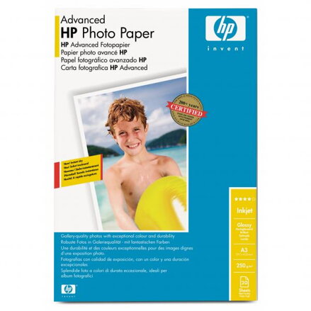 HP Advanced Glossy Photo Paper, foto papír, lesklý, zdokonalený typ bílý, A3, 250 g/m2, 20 ks, Q8697A, inkoustový
