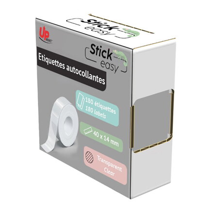 UPrint etikety 14mmx40mm, transparentní, 180 etiket, baleno po 1 ks, UP21 180 TRANSPARENT, pro tiskárny etiket UPrint UP21